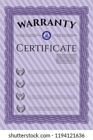 Violet Vintage Warranty Certificate template. Money Pattern. Detailed. Easy to print. 