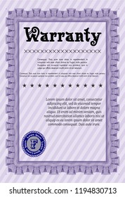 Violet Vintage Warranty Certificate template. Elegant design. With linear background. Vector illustration. 