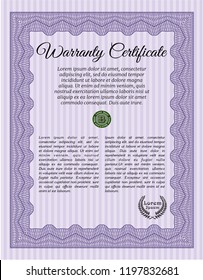 Violet Vintage Warranty Certificate template. Vector illustration. With linear background. Elegant design. 