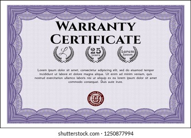 Violet Vintage Warranty Certificate template. Printer friendly. Detailed. Retro design. 