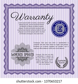 Violet Vintage Warranty Certificate template. With great quality guilloche pattern. Retro design. Vector illustration. 