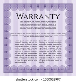 Violet Vintage Warranty Certificate template. Sophisticated design. Vector illustration. With background. 