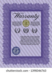 Violet Vintage Warranty Certificate template. Customizable, Easy to edit and change colors. With complex background. Money Pattern. 