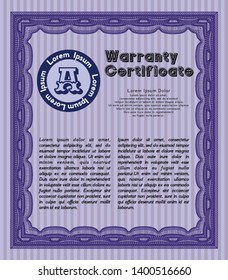 Violet Vintage Warranty Certificate template. Vector illustration. With great quality guilloche pattern. Money design. 