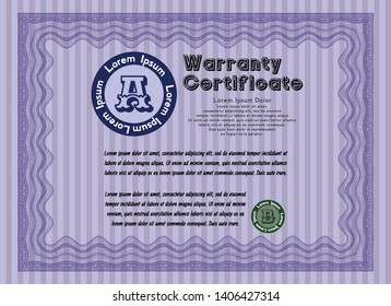 Violet Vintage Warranty Certificate template. Customizable, Easy to edit and change colors. With complex linear background. Excellent design. 