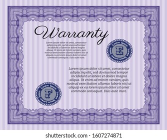 Violet Vintage Warranty Certificate template. Lovely design. With complex background. Vector illustration. 