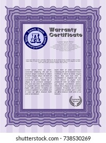 Violet Vintage Warranty Certificate template. Money design. With complex background. Vector illustration. 