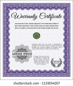 Violet Vintage Warranty template. With complex linear background. Lovely design. Detailed. 