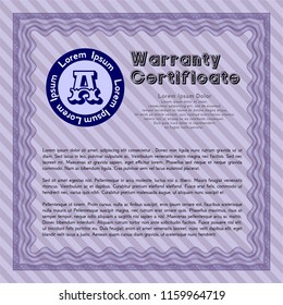 Violet Vintage Warranty template. With complex background. Money style design. Vector illustration. 