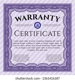 Violet Vintage Warranty template. Lovely design. With complex linear background. Detailed. 