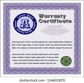Violet Vintage Warranty template. Money design. With linear background. Vector illustration. 