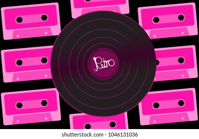 Violet vinyl musical analogue retro old hipster vintage gramophone record for a vinyl gramophone against a background of purple pink audio cassettes from the 80s 90s. Vector illustration