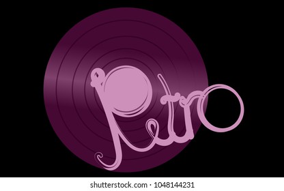 Violet vinyl musical retro old antique hipster vintage gramophone record and retro inscription on a black background. Vector illustration