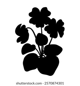 Violet or viola flower black silhouette isolated on white. Hand drawn single plant with stem and leaves, stencil style. Vector clipart for spring flowers illustration, floral design and print.