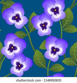 Violet Viola Garden Pansy Flower on Indigo Blue Background. Vector Illustration.