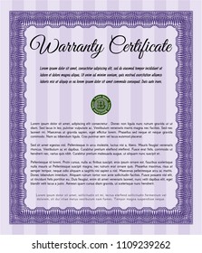  Violet Warranty Certificate template. With background. Cordial design. Detailed. 