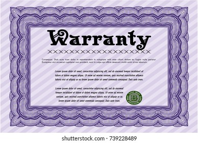 Violet Warranty Certificate template. With background. Nice design. Detailed. 