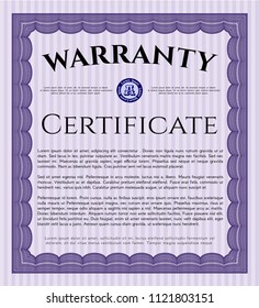 Violet Warranty Certificate template. Beauty design. Detailed. With guilloche pattern and background. 