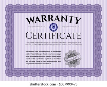 Violet Warranty Certificate template. With complex linear background. Modern design. Detailed. 