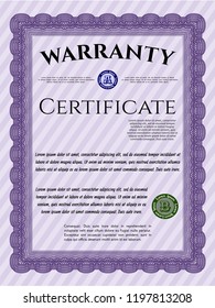 Violet Warranty Certificate template. With complex background. Detailed. Lovely design. 