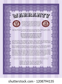 Violet Warranty Certificate template. With complex background. Lovely design. Detailed. 