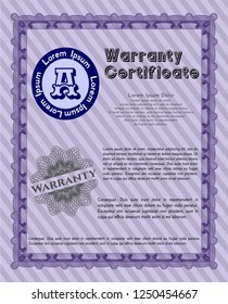 Violet Warranty Certificate template. With complex background. Superior design. Detailed. 