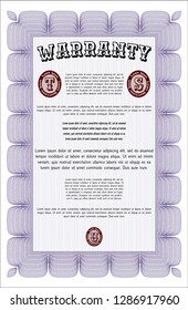 Violet Warranty Certificate template. With complex background. Money style design. Detailed. 