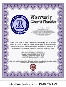 Violet Warranty Certificate template. With complex background. Customizable, Easy to edit and change colors. Money Pattern design. 