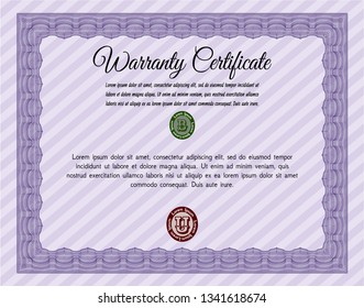 Violet Warranty Certificate template. With complex linear background. Money Pattern. Customizable, Easy to edit and change colors. 