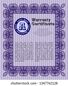 Violet Warranty Certificate template. With complex background. Lovely design. Detailed. 