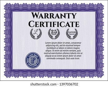 Violet Warranty Certificate template. With complex linear background. Customizable, Easy to edit and change colors. Good design. 