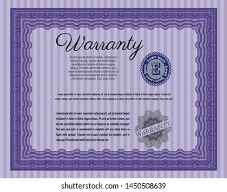 Violet Warranty Certificate template. With complex linear background. Superior design. Detailed. 