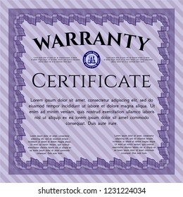 Violet Warranty Certificate template. Cordial design. Vector illustration. With complex linear background. 