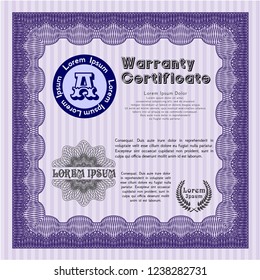 Violet Warranty Certificate template. Cordial design. With quality background. Detailed. 