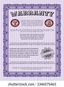 Violet Warranty Certificate template. Cordial design. Vector illustration. With guilloche pattern and background. 