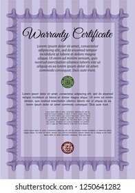 Violet Warranty Certificate template. Customizable, Easy to edit and change colors. With guilloche pattern. Retro design. 