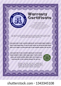 Violet Warranty Certificate template. Customizable, Easy to edit and change colors. With linear background. Superior design. 