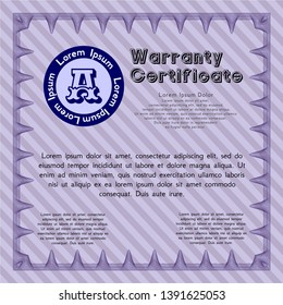 Violet Warranty Certificate template. Customizable, Easy to edit and change colors. With great quality guilloche pattern. Elegant design. 