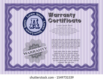 Violet Warranty Certificate template. Customizable, Easy to edit and change colors. With great quality guilloche pattern. Beauty design. 
