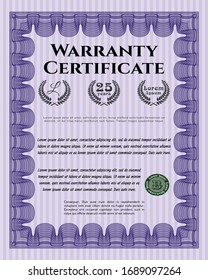 Violet Warranty Certificate template. Customizable, Easy to edit and change colors. Complex background. Beauty design. 
