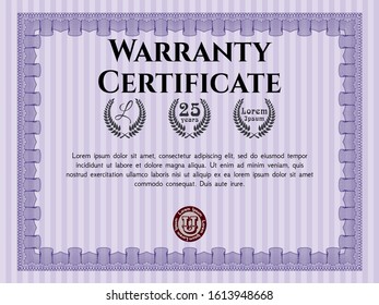Violet Warranty Certificate template. Detailed. Complex background. Good design. 