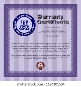 Violet Warranty Certificate template. Good design. Customizable, Easy to edit and change colors. With guilloche pattern. 