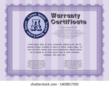 Violet Warranty Certificate template. With great quality guilloche pattern. Good design. Detailed. 