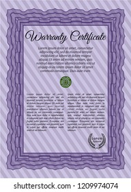 Violet Warranty Certificate template. With guilloche pattern and background. Excellent design. Vector illustration. 