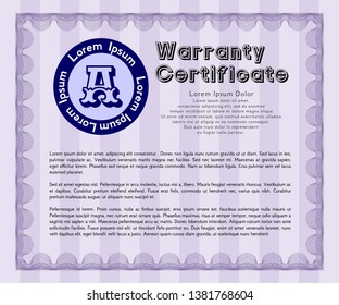 Violet Warranty Certificate template. With guilloche pattern and background. Vector illustration. Retro design. 