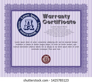 Violet Warranty Certificate template. With linear background. Detailed. Retro design. 