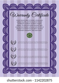 Violet Warranty Certificate template. Lovely design. Customizable, Easy to edit and change colors. With complex linear background. 