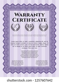 Violet Warranty Certificate template. Money style design. With complex linear background. Customizable, Easy to edit and change colors. 