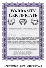 Violet Warranty Certificate template. Money Pattern design.  Easy to print.   