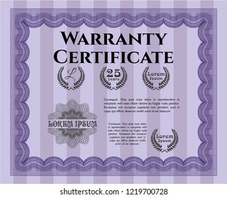 Violet Warranty Certificate template. Nice design. Detailed. With guilloche pattern. 